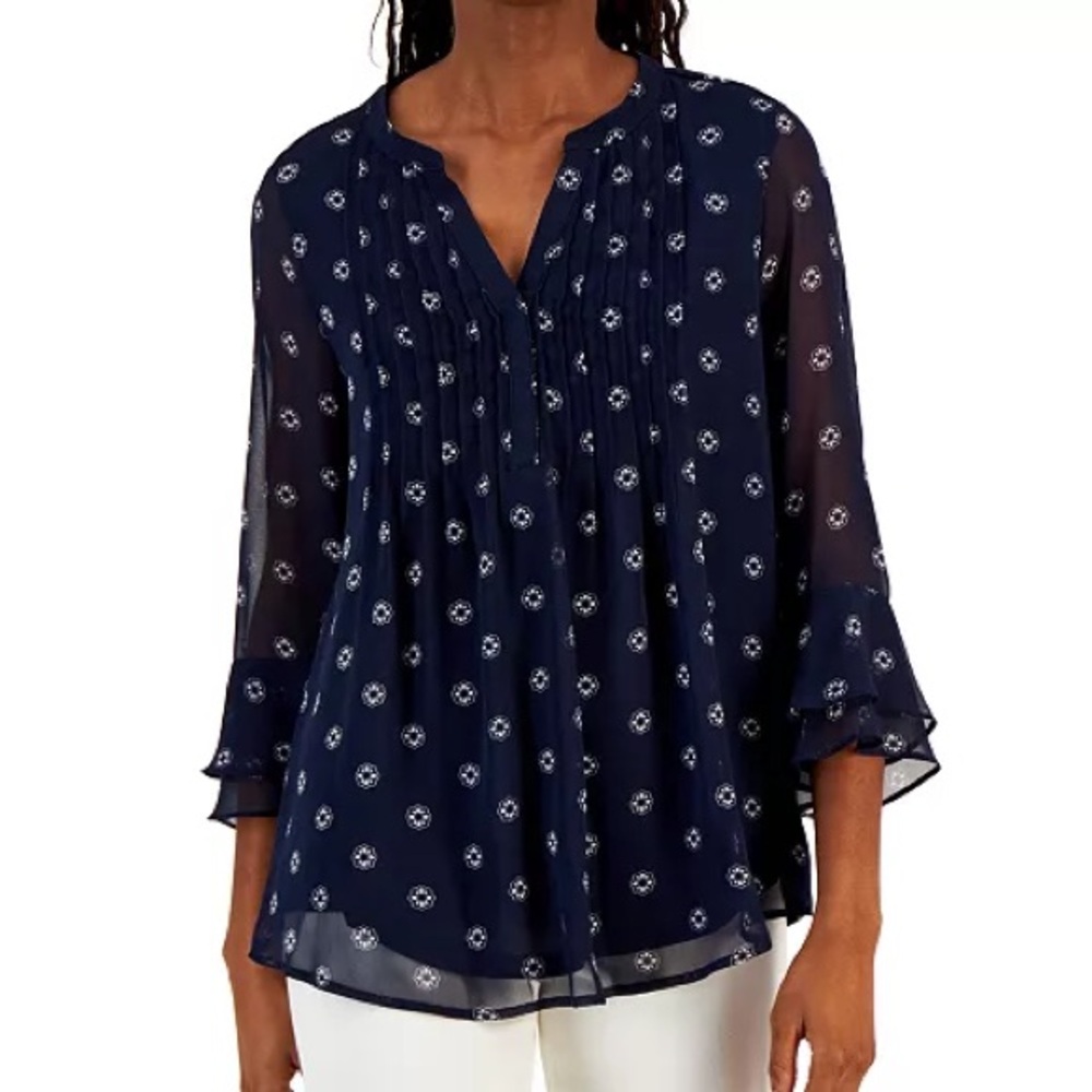 Charter Club Women’s Floral‎ 3/4 Sleeve Pintuck Top Navy Size S